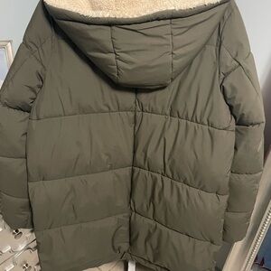 Olive Green Hooded Women's mid length winter coat